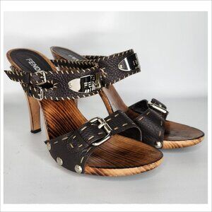 FENDI vintage 38 woman Wood & hand stitched Leather LOGO buckle Sandals Authentc